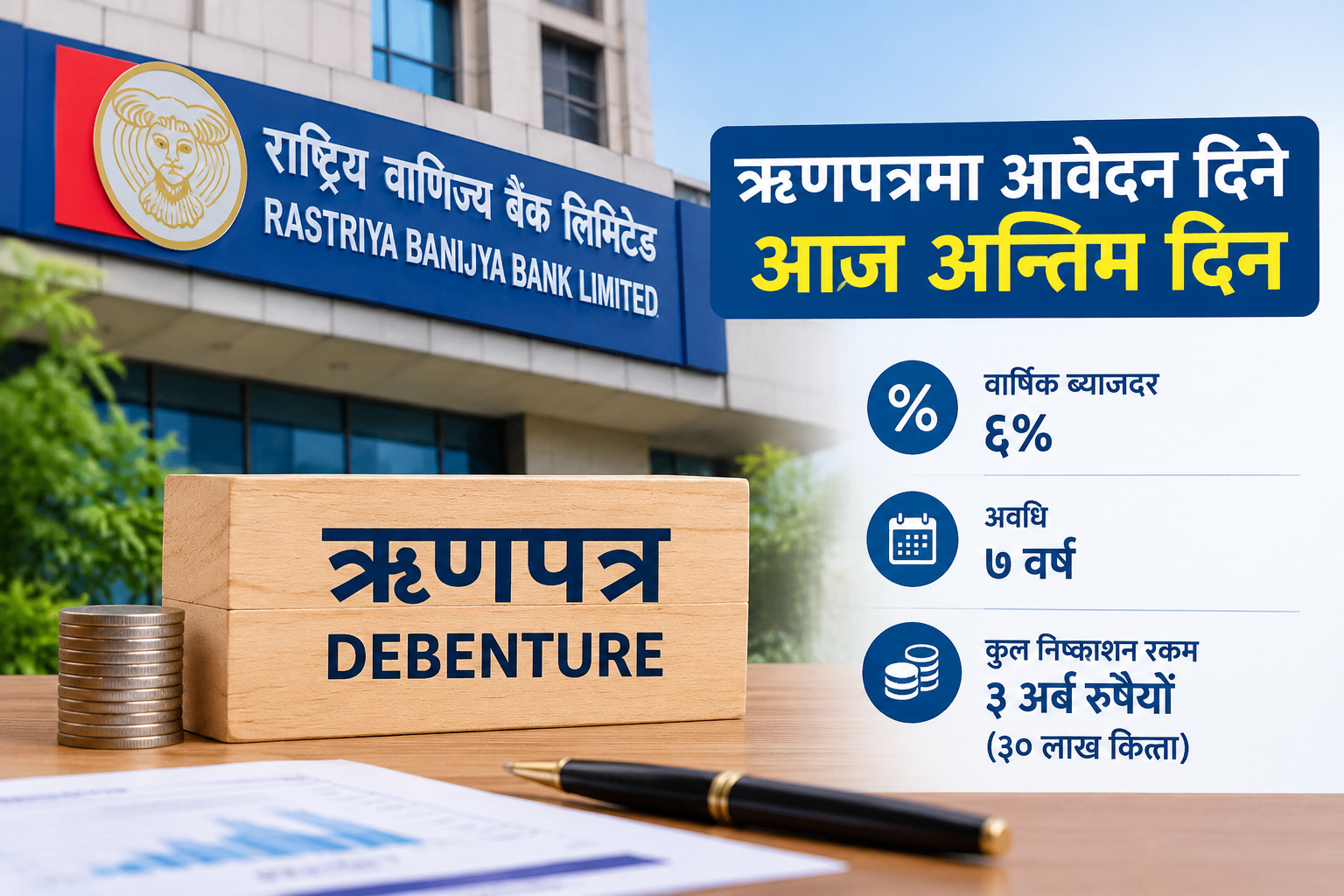 राष्ट्रिय वाणिज्य बैंकको ऋणपत्रमा आवेदन दिने आज अन्तिम दिन