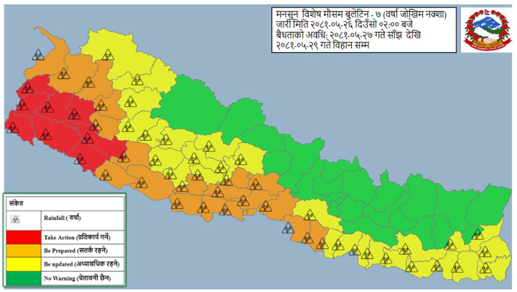बिहीबार रातिदेखि २९ गतेसम्म भारी वर्षाको सम्भावना